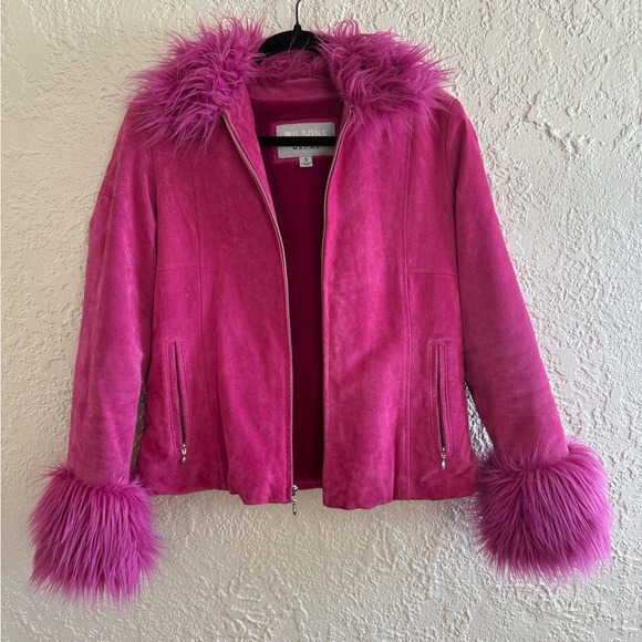 Wilsons Leather Jackets & Blazers - Wilsons Leather Magenta Faux Fur Trim Leather Jacket